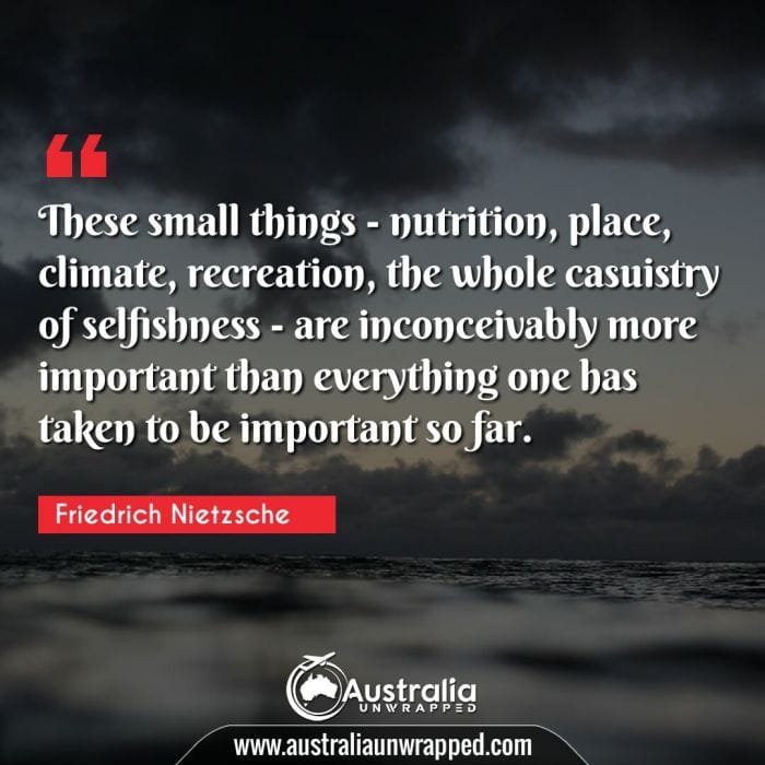  These small things - nutrition, place, climate, recreation, the whole casuistry of selfishness - are inconceivably more important than everything one has taken to be important so far.