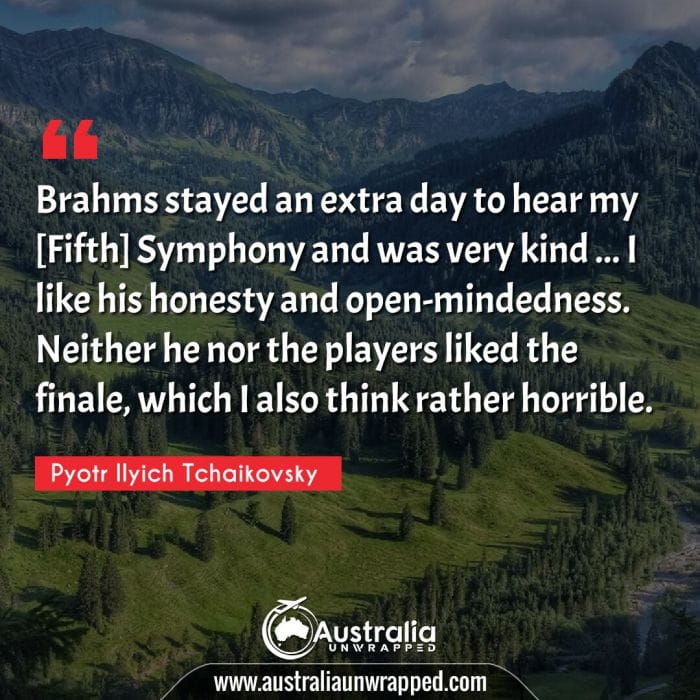  Brahms stayed an extra day to hear my [Fifth] Symphony and was very kind … I like his honesty and open-mindedness. Neither he nor the players liked the finale, which I also think rather horrible.